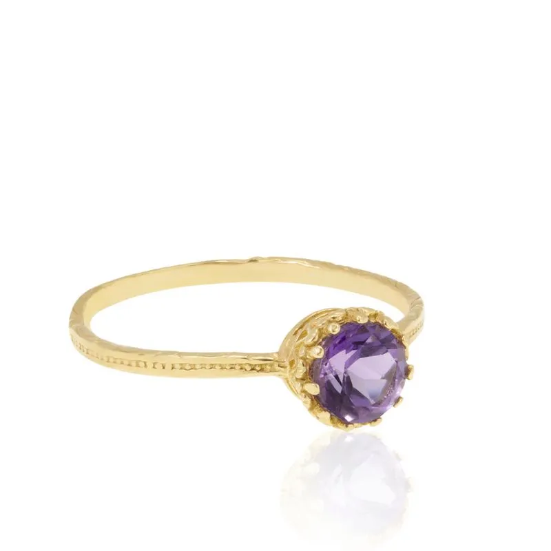 14K Yellow Gold Round Purple Amethyst 5mm Ring