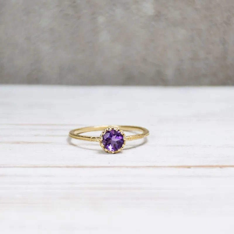 14K Yellow Gold Round Purple Amethyst 5mm Ring