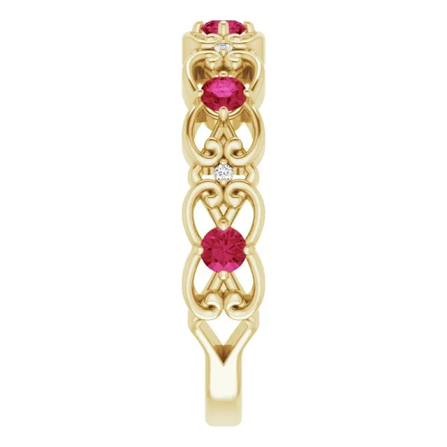 14K Yellow Lab-Grown Ruby & .02 CTW Natural Diamond Scroll Ring