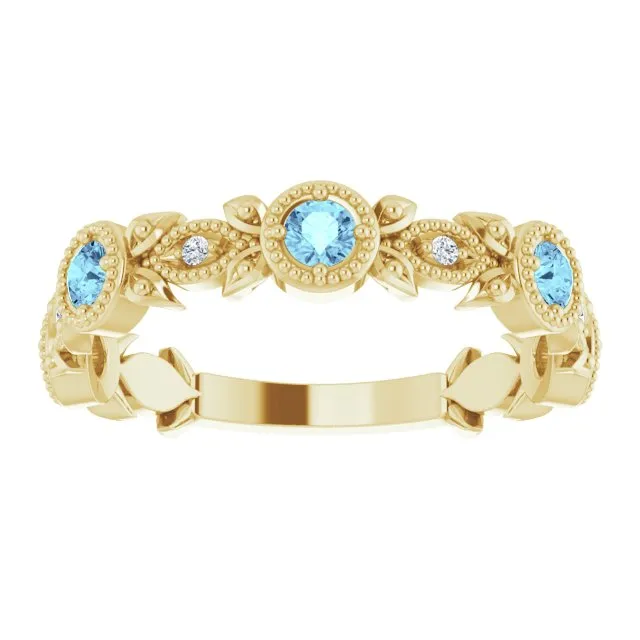 14K Yellow Natural Aquamarine & .03 CTW Natural Diamond Leaf Ring