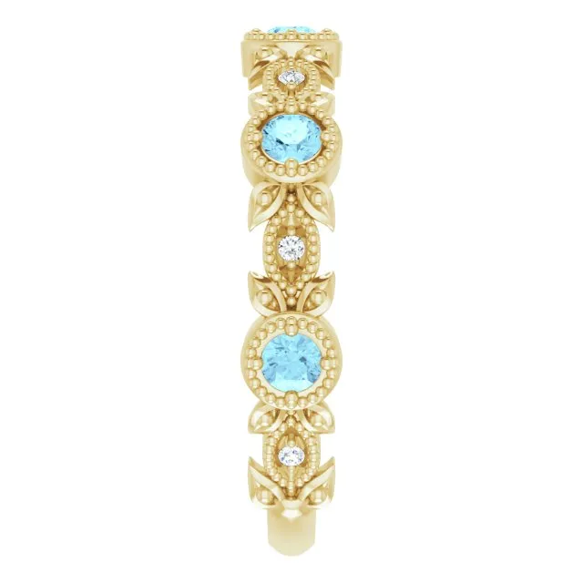 14K Yellow Natural Aquamarine & .03 CTW Natural Diamond Leaf Ring