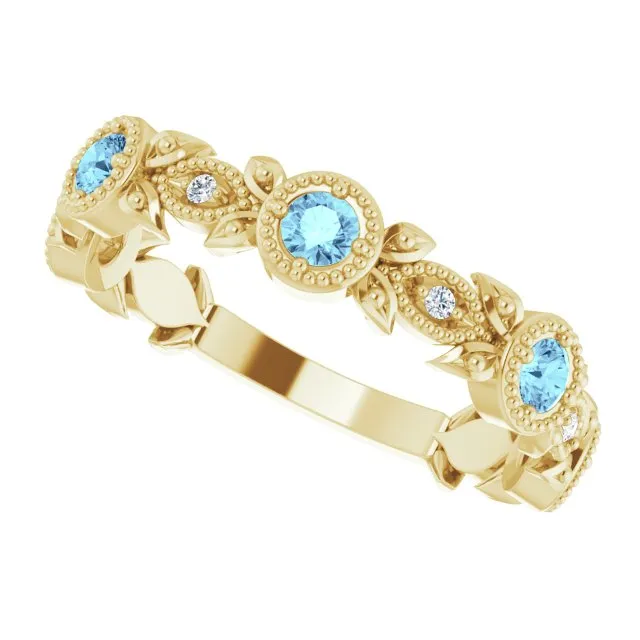 14K Yellow Natural Aquamarine & .03 CTW Natural Diamond Leaf Ring