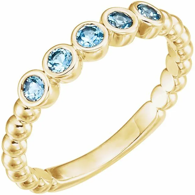 14K Yellow Natural Aquamarine Beaded Ring