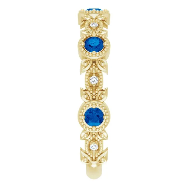 14K Yellow Natural Lab-Grown Blue Sapphire & .03 CTW Natural Diamond Leaf Ring