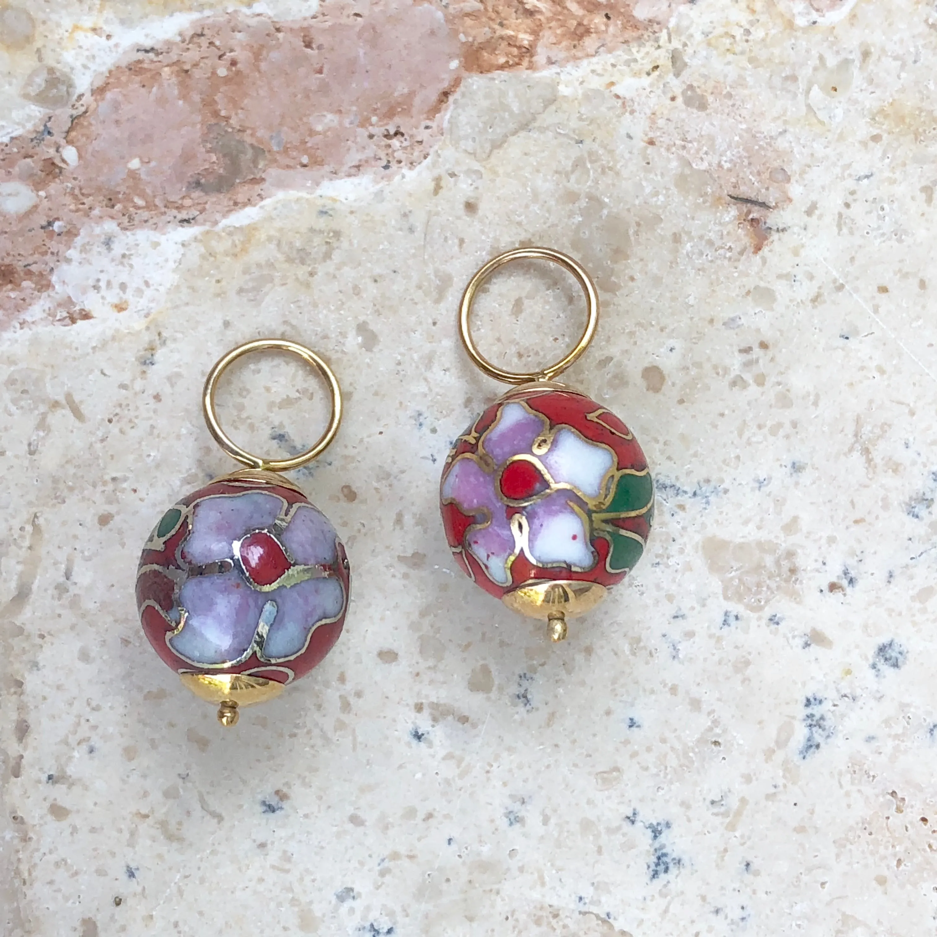 14KT Yellow Gold Red Cloisonne Ball Earring Charms