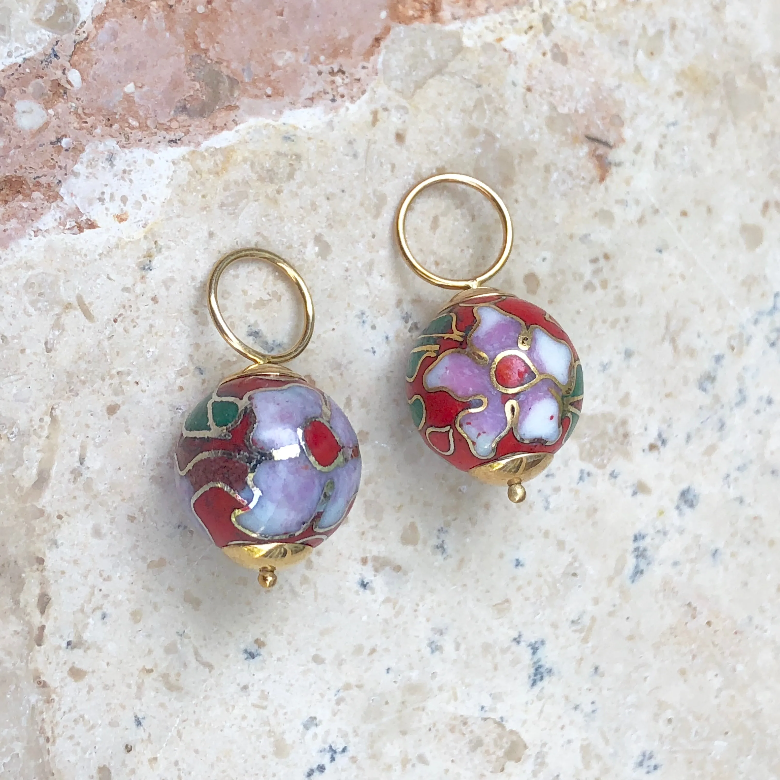 14KT Yellow Gold Red Cloisonne Ball Earring Charms