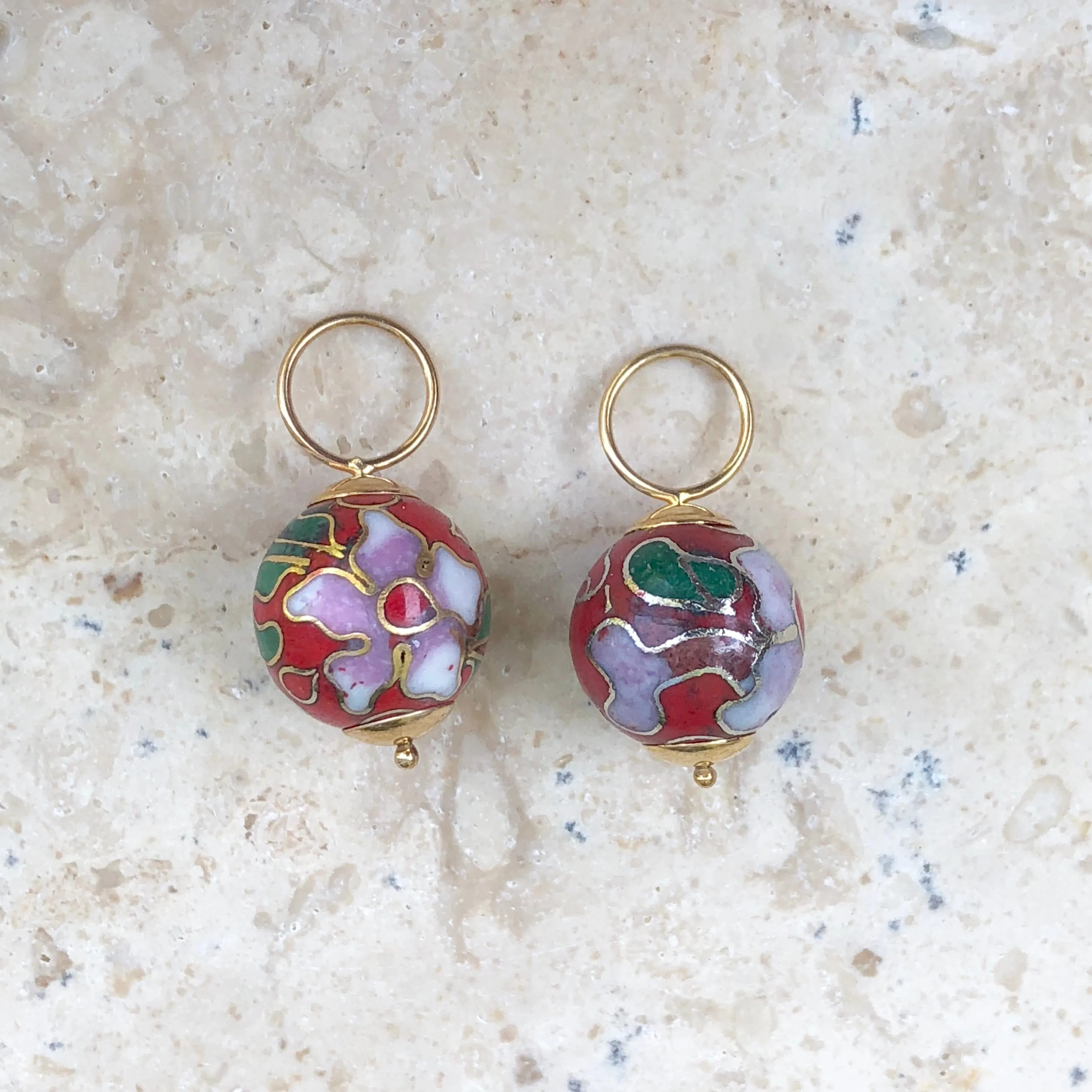 14KT Yellow Gold Red Cloisonne Ball Earring Charms
