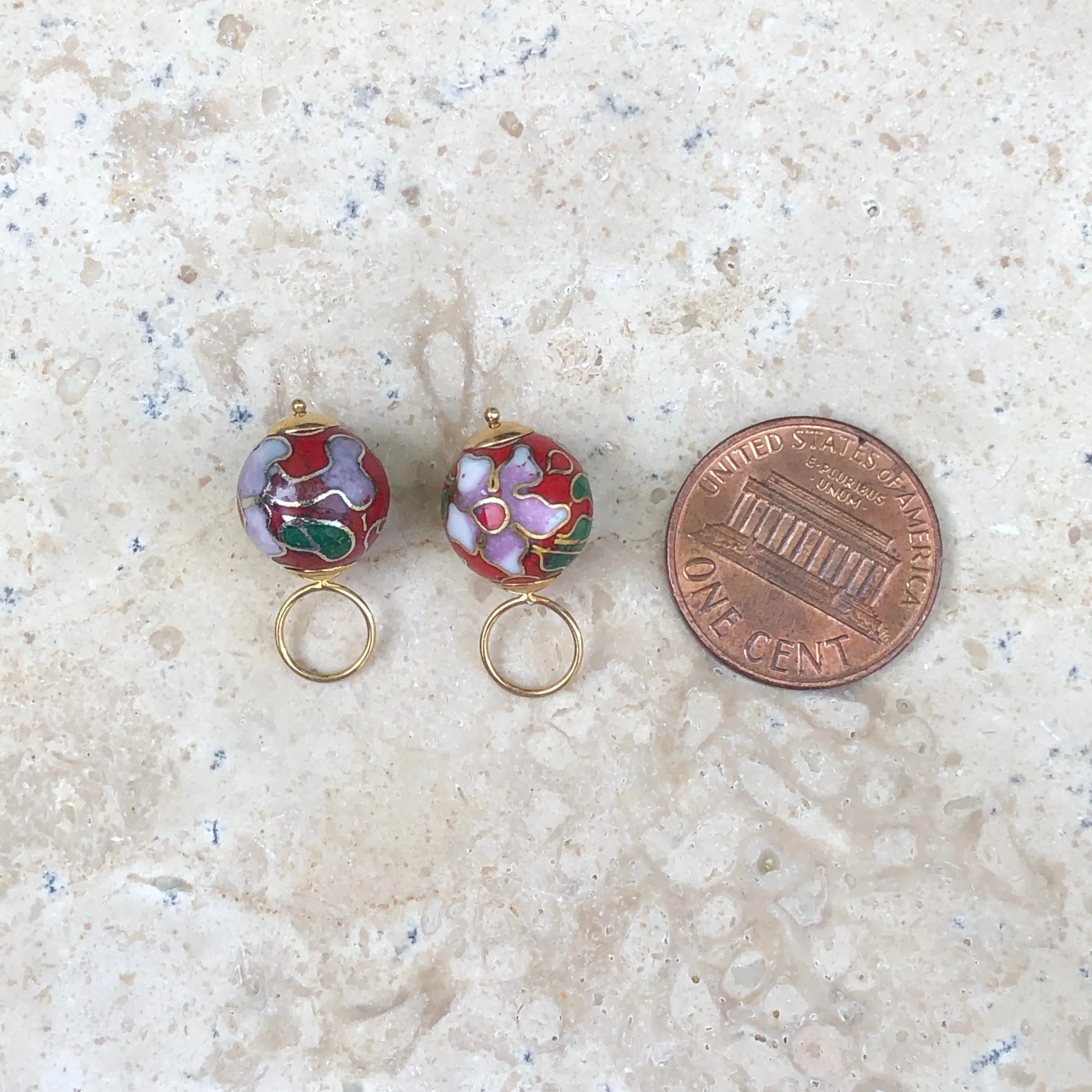 14KT Yellow Gold Red Cloisonne Ball Earring Charms