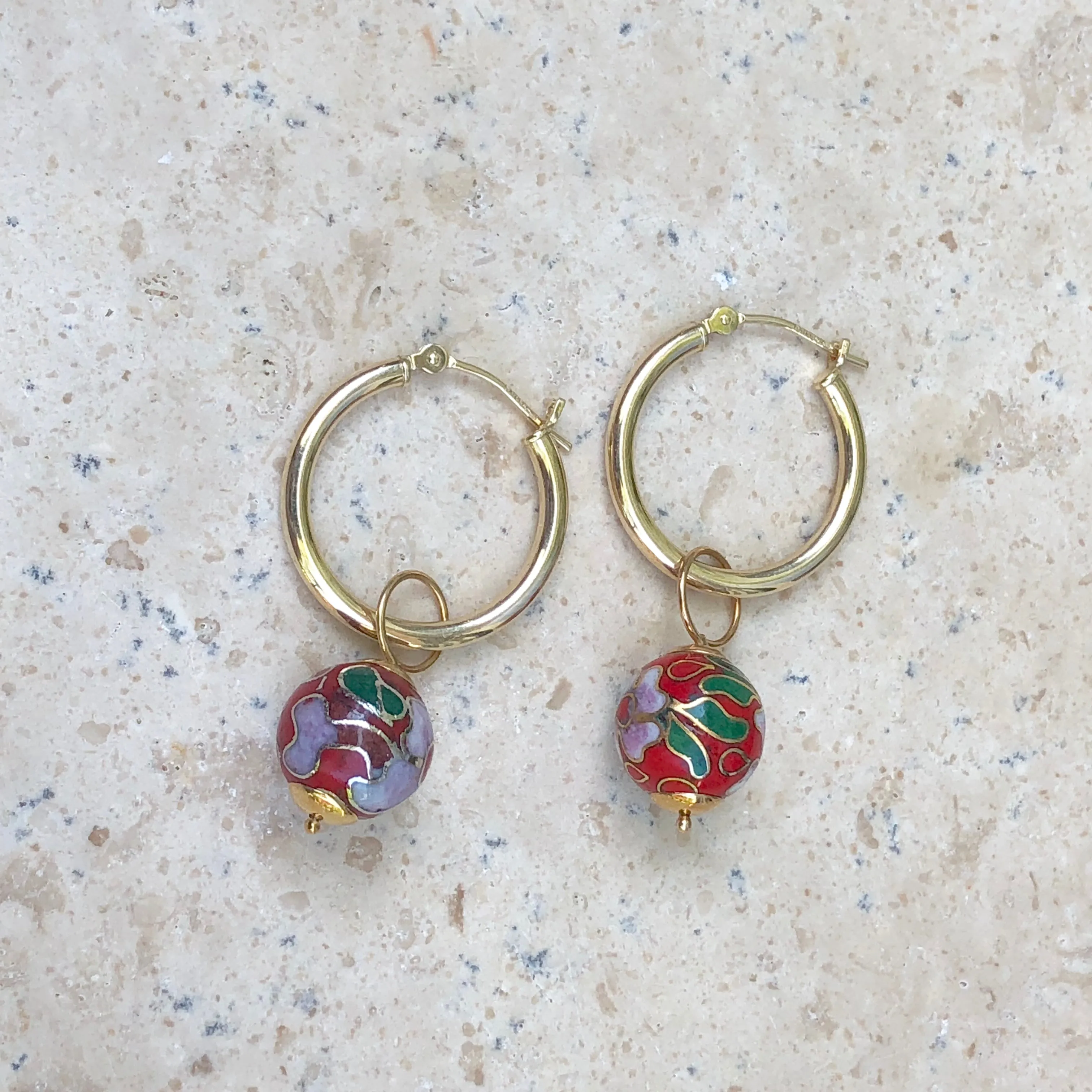 14KT Yellow Gold Red Cloisonne Ball Earring Charms