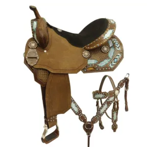 14", 15", 16" Double T style barrel saddle set with metallic painted feathers and beaded inlay.