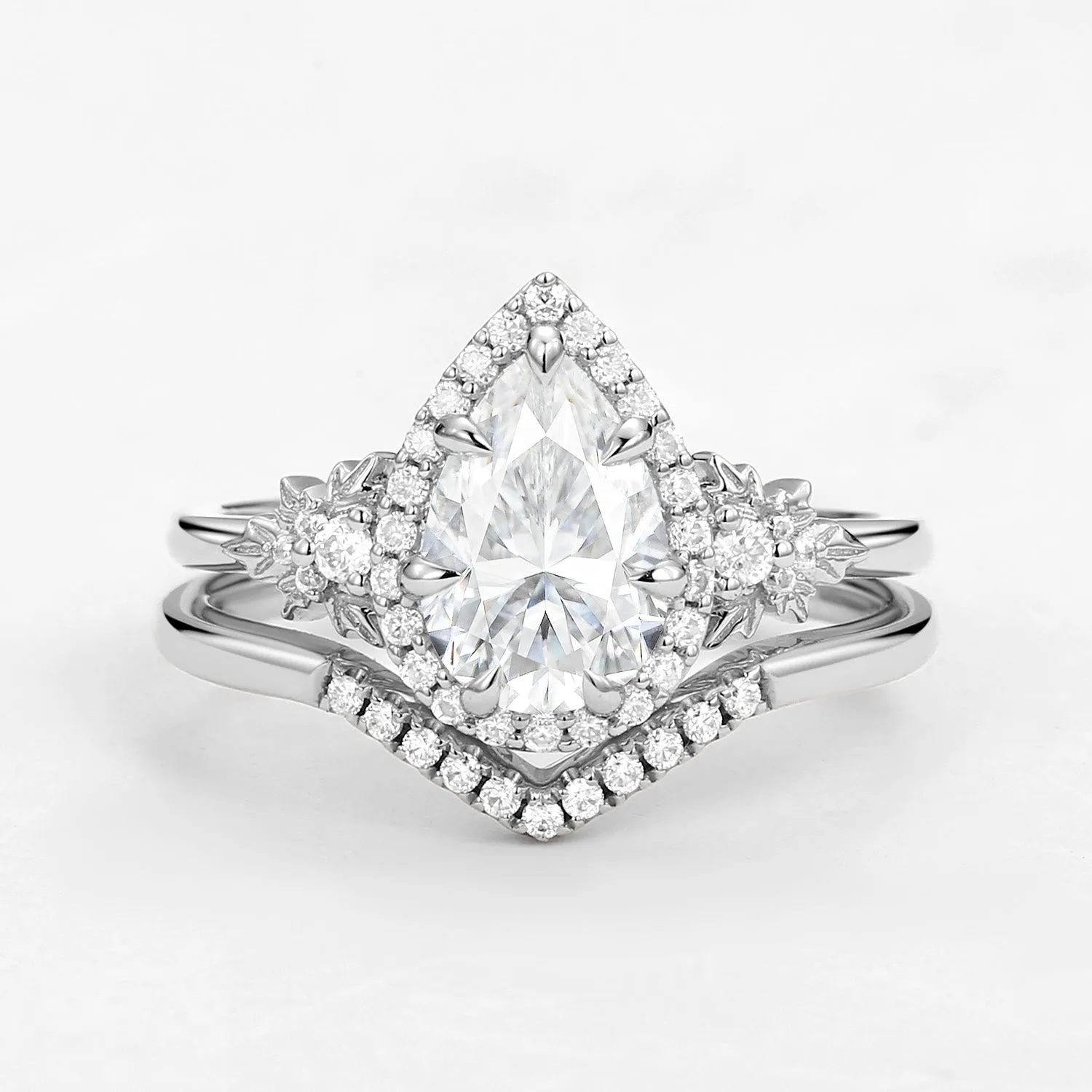 1.5ct Pear Moissanite Maple Leafy Halo Infinity Ring Set 2pcs - Tara