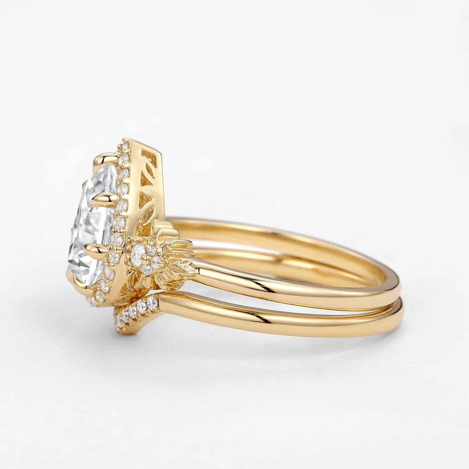 1.5ct Pear Moissanite Maple Leafy Halo Infinity Ring Set 2pcs - Tara