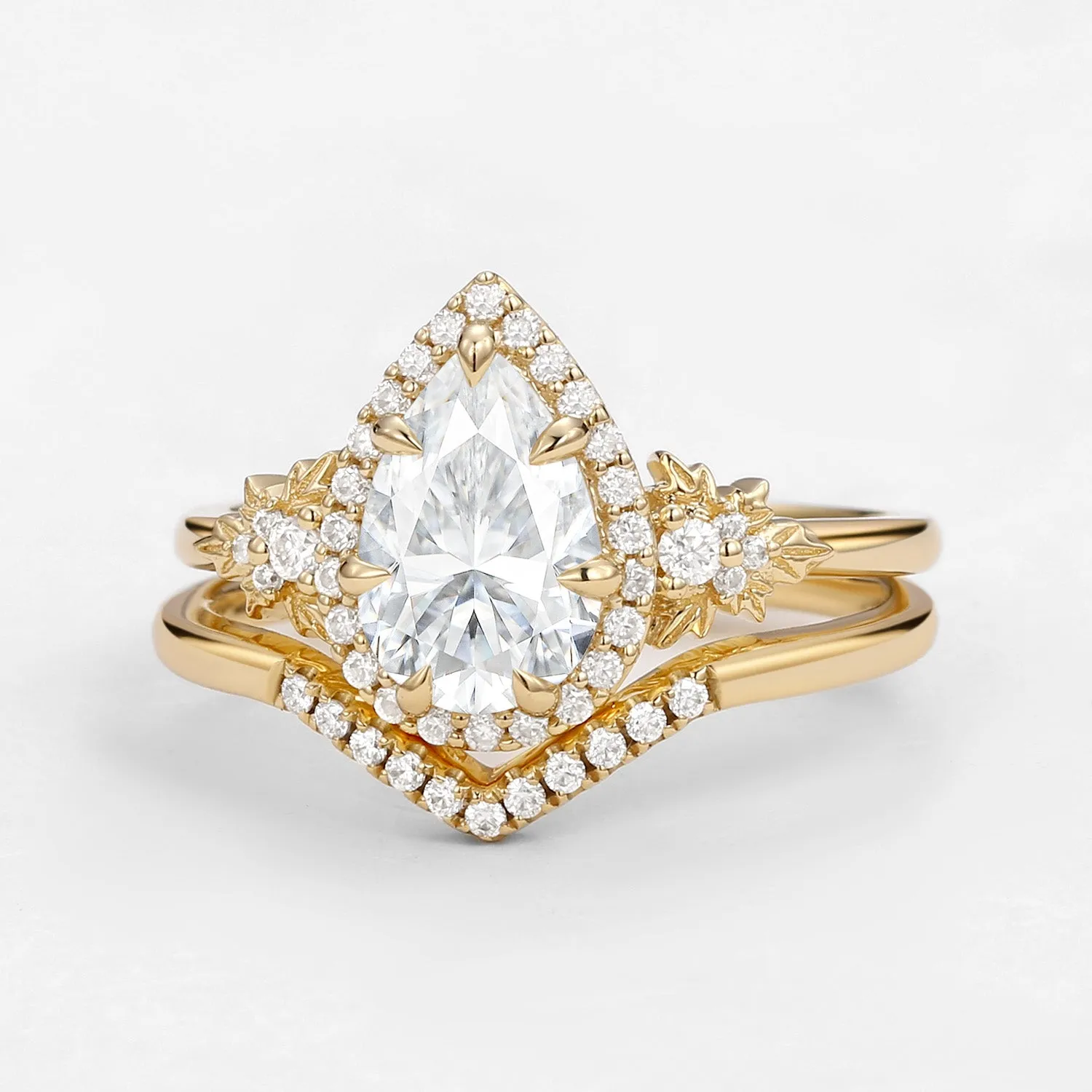 1.5ct Pear Moissanite Maple Leafy Halo Infinity Ring Set 2pcs - Tara