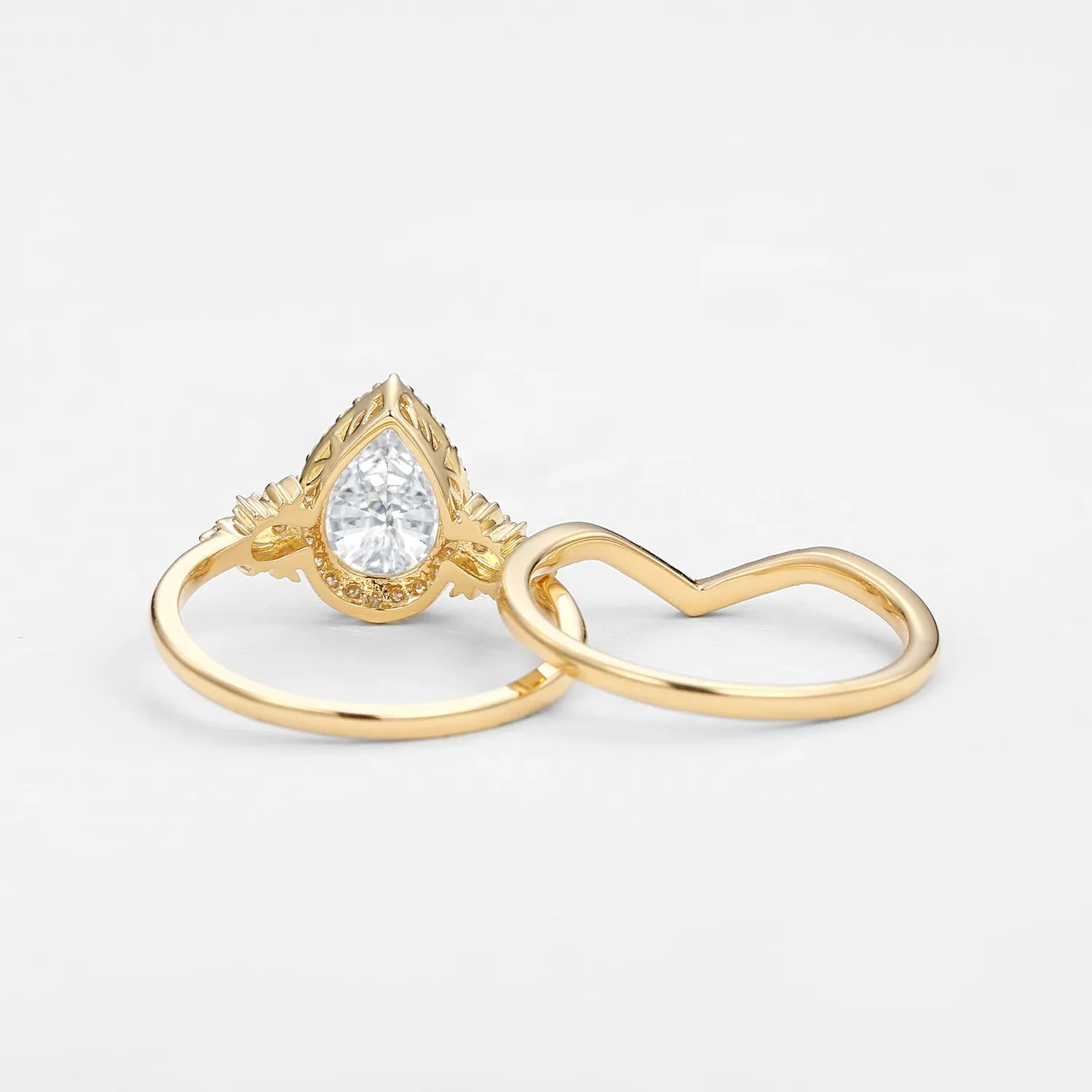 1.5ct Pear Moissanite Maple Leafy Halo Infinity Ring Set 2pcs - Tara