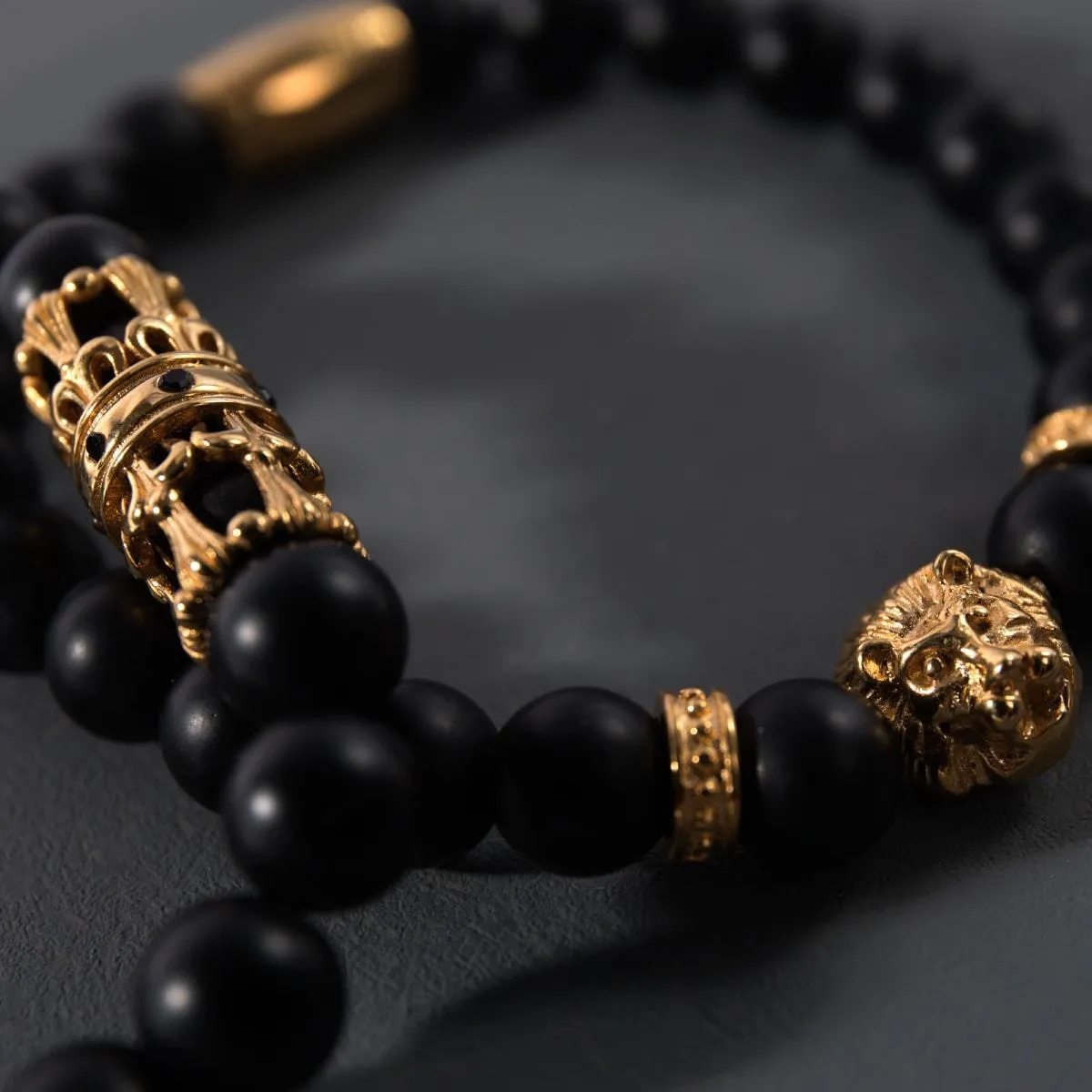 18k Gold Crown | Matte Black Agate | Kingdom Bead Bracelet | Men's
