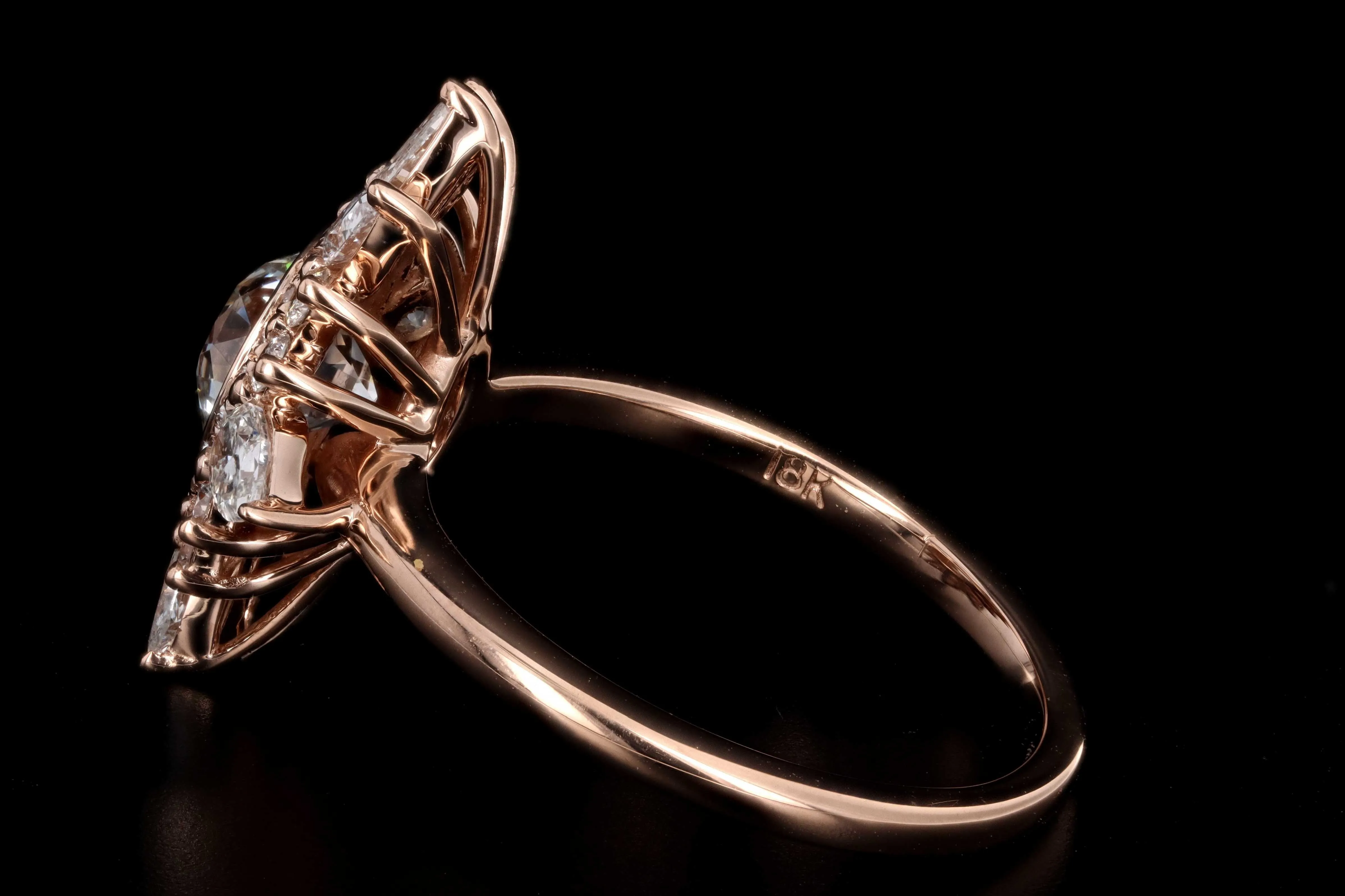 18K Rose Gold .96 Carat Old European Cut Diamond Fan Engagement Ring