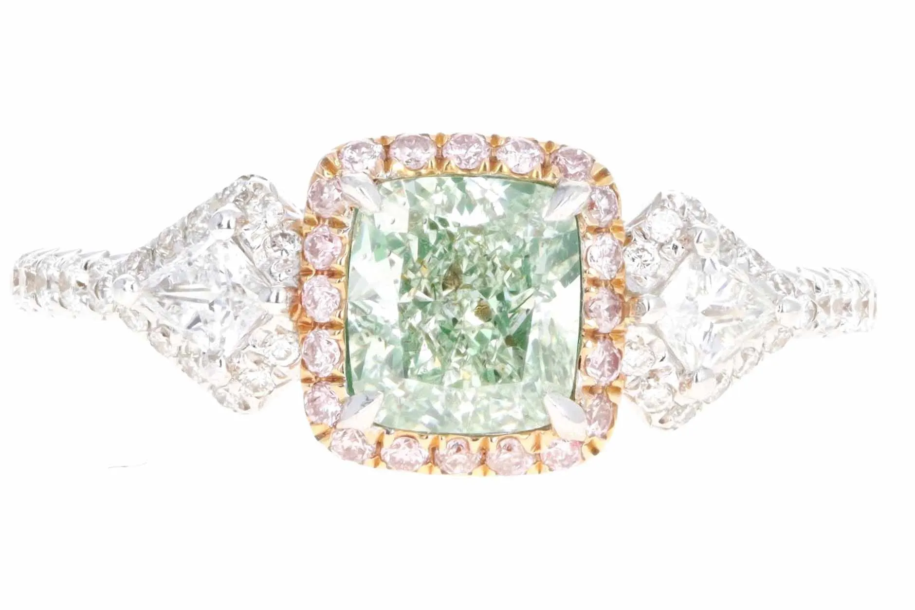 18K White Gold 1.01 Carat Cushion Cut Natural Fancy Yellowish Green Diamond & Light Pink Diamond Engagement Ring GIA Certified