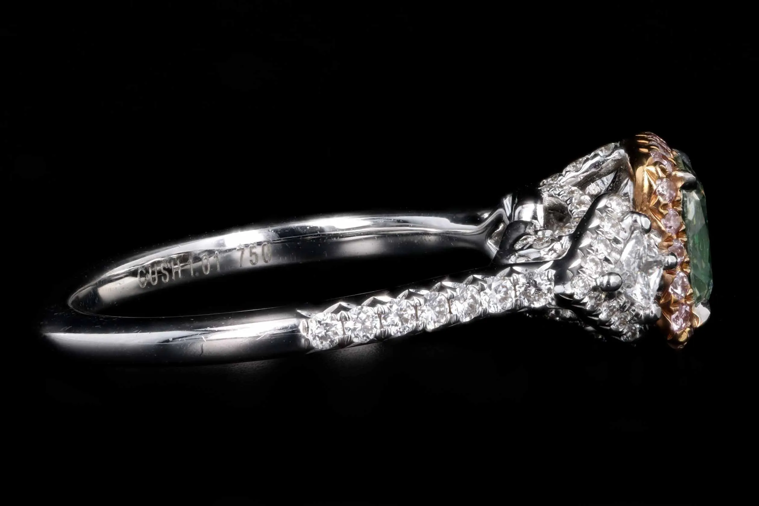18K White Gold 1.01 Carat Cushion Cut Natural Fancy Yellowish Green Diamond & Light Pink Diamond Engagement Ring GIA Certified