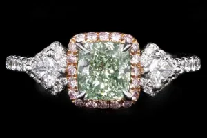 18K White Gold 1.01 Carat Cushion Cut Natural Fancy Yellowish Green Diamond & Light Pink Diamond Engagement Ring GIA Certified