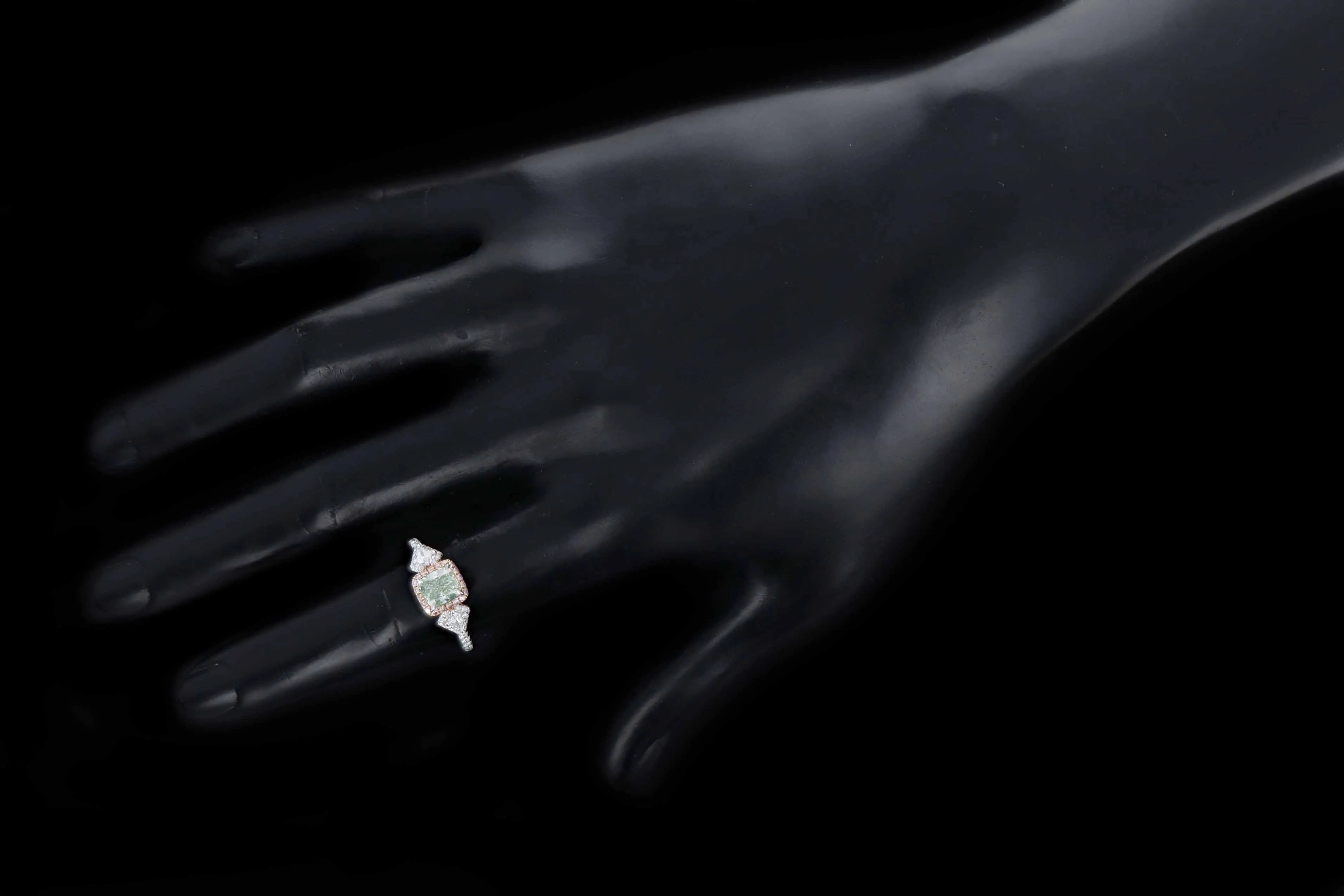 18K White Gold 1.01 Carat Cushion Cut Natural Fancy Yellowish Green Diamond & Light Pink Diamond Engagement Ring GIA Certified