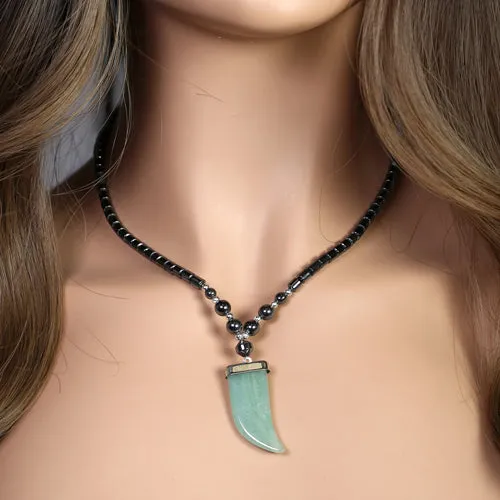 18" Green Aventurine Flat Tooth Stone Hematite Necklace (Not Sterling Silver)