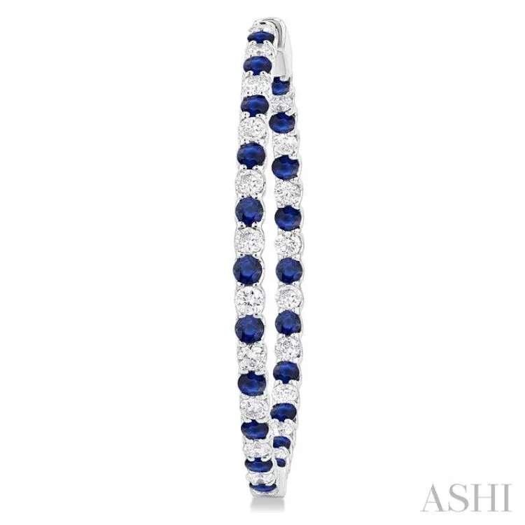 2.5 MM Round Cut Sapphire and 2 1/2 ctw Round Cut Diamond Precious Inside-Out Alternating Hoop Earrings in 14K White Gold