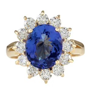 4.33 Carat Natural Tanzanite 14K Yellow Gold Diamond Ring