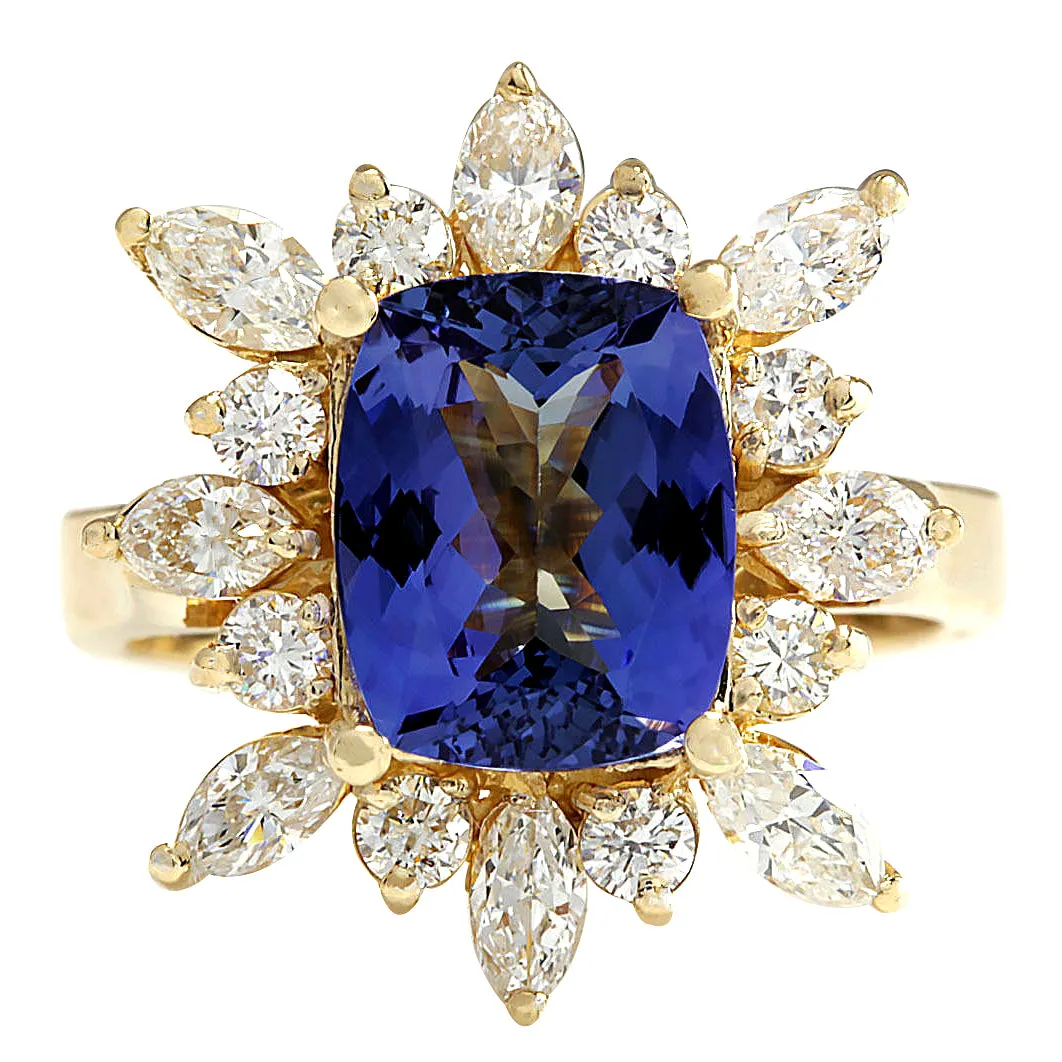 4.36 Carat Natural Tanzanite 14K Yellow Gold Diamond Ring