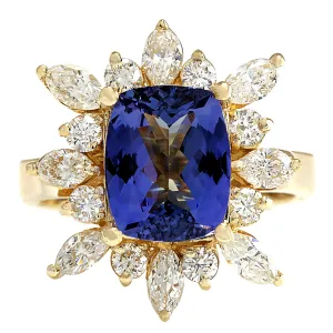 4.36 Carat Natural Tanzanite 14K Yellow Gold Diamond Ring