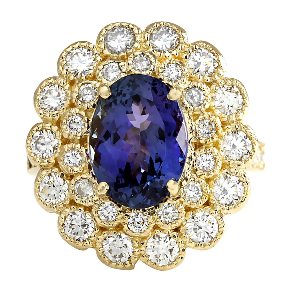 5.32 Carat Natural Tanzanite 14K Yellow Gold Diamond Ring