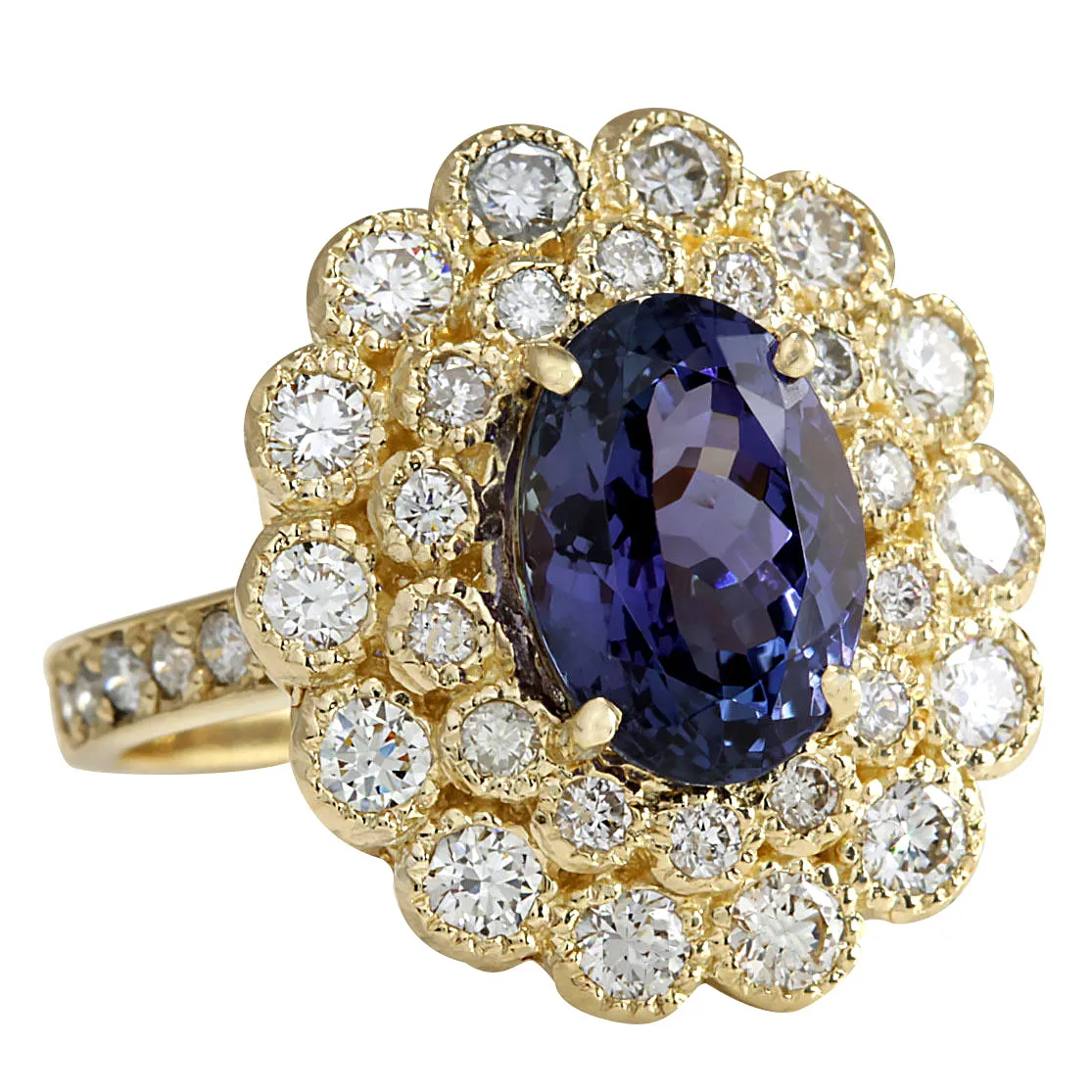 5.32 Carat Natural Tanzanite 14K Yellow Gold Diamond Ring