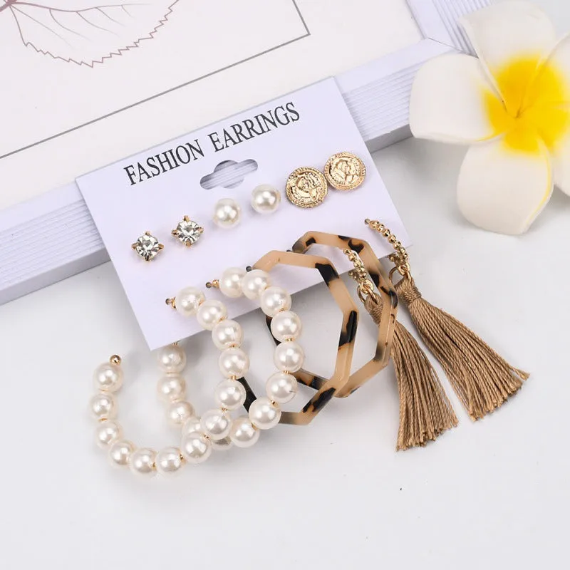 6 Pair Pearl Hoop, danglers And Stud Earrings