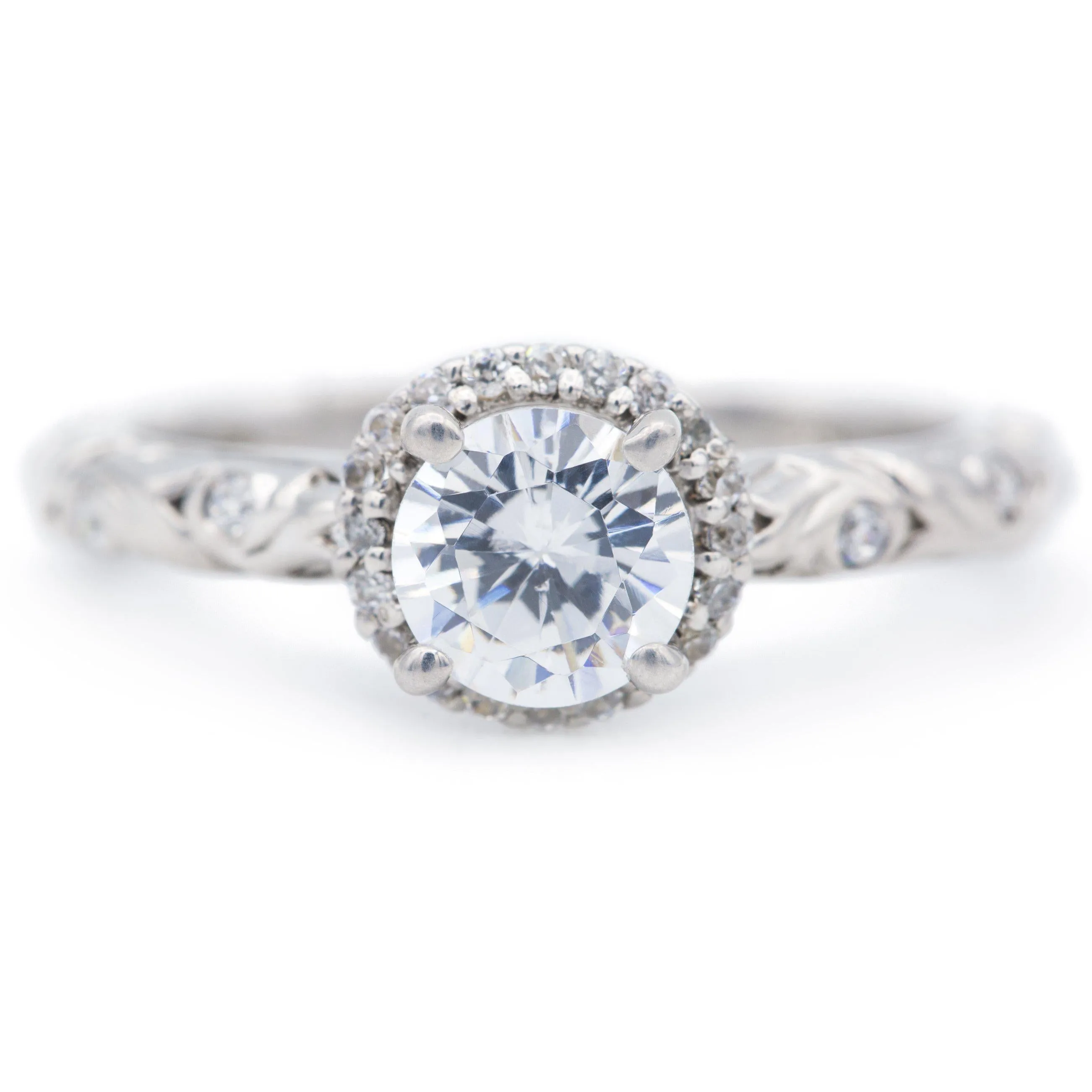 6.0mm Round Center 14K White Gold Engagement Ring And Vintage Wedding Band Set