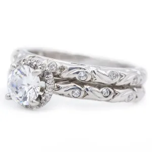 6.0mm Round Center 14K White Gold Engagement Ring And Vintage Wedding Band Set