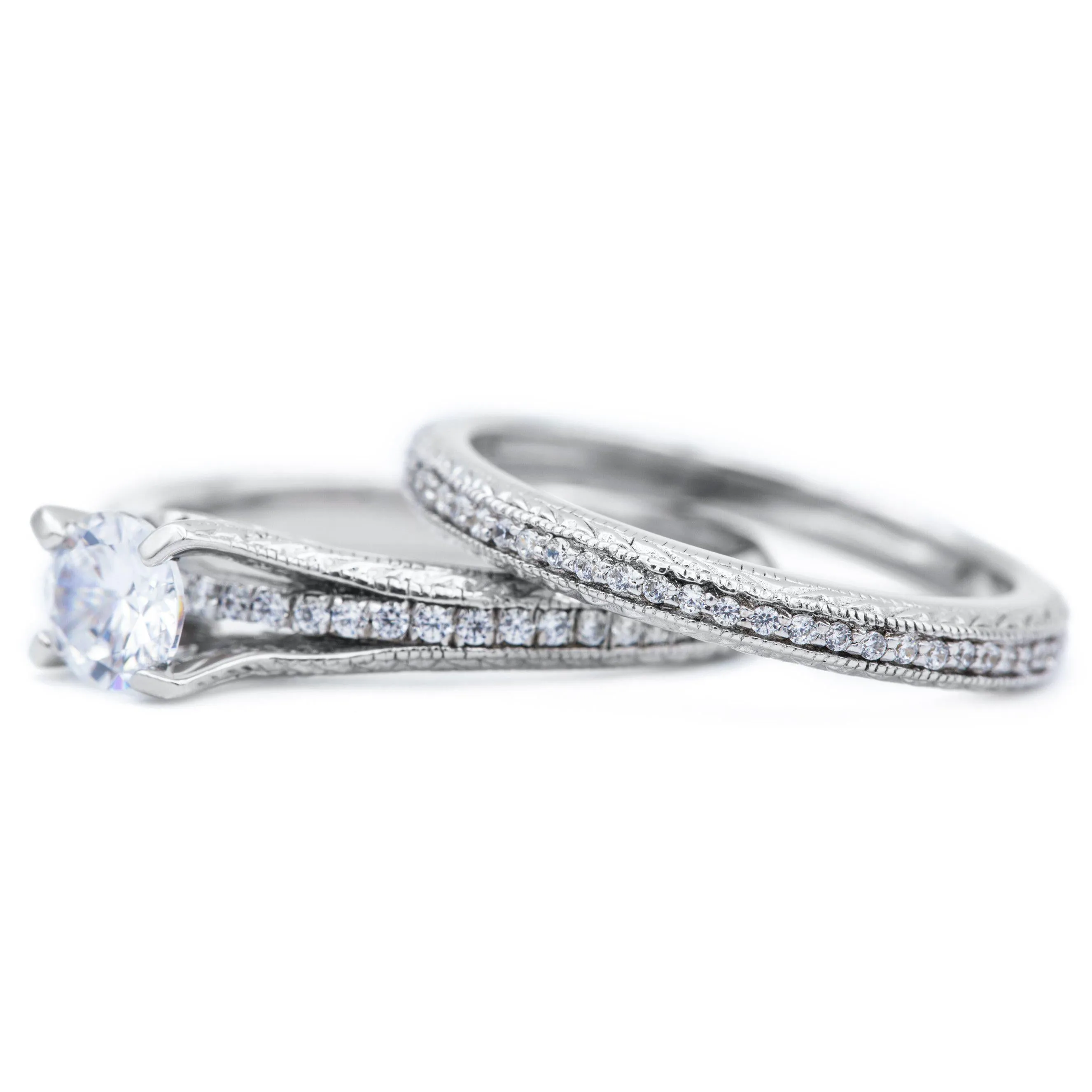6.0mm Round Center with Accented Diamond 14K White Gold Engagement Ring And Wedding Band Set