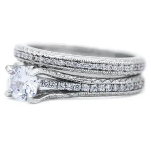 6.0mm Round Center with Accented Diamond 14K White Gold Engagement Ring And Wedding Band Set