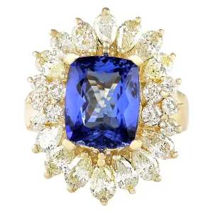 6.33 Carat Natural Tanzanite 14K Yellow Gold Diamond Ring