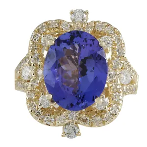 6.47 Carat Natural Tanzanite 14K Yellow Gold Diamond Ring