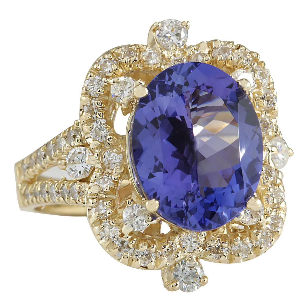6.47 Carat Natural Tanzanite 14K Yellow Gold Diamond Ring