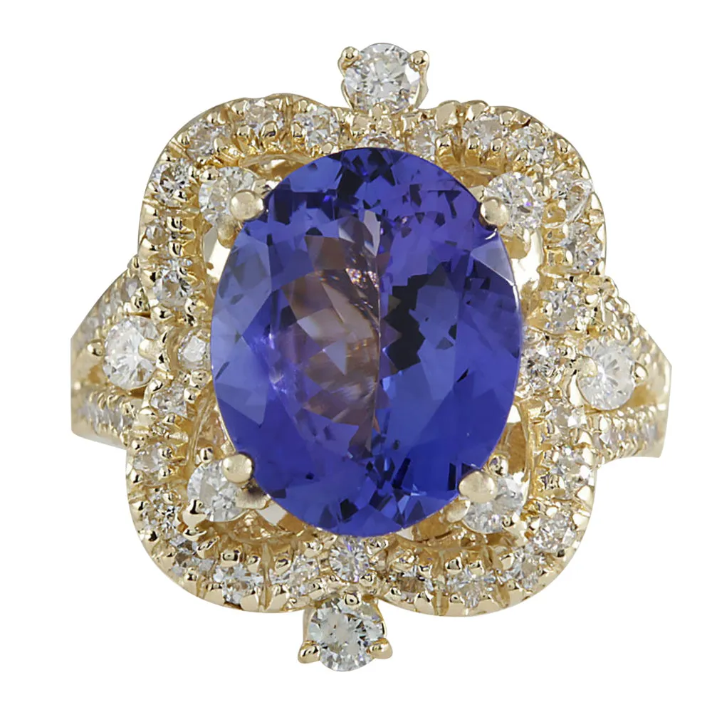 6.47 Carat Natural Tanzanite 14K Yellow Gold Diamond Ring