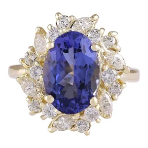 6.58 Carat Natural Tanzanite 14K Yellow Gold Diamond Ring