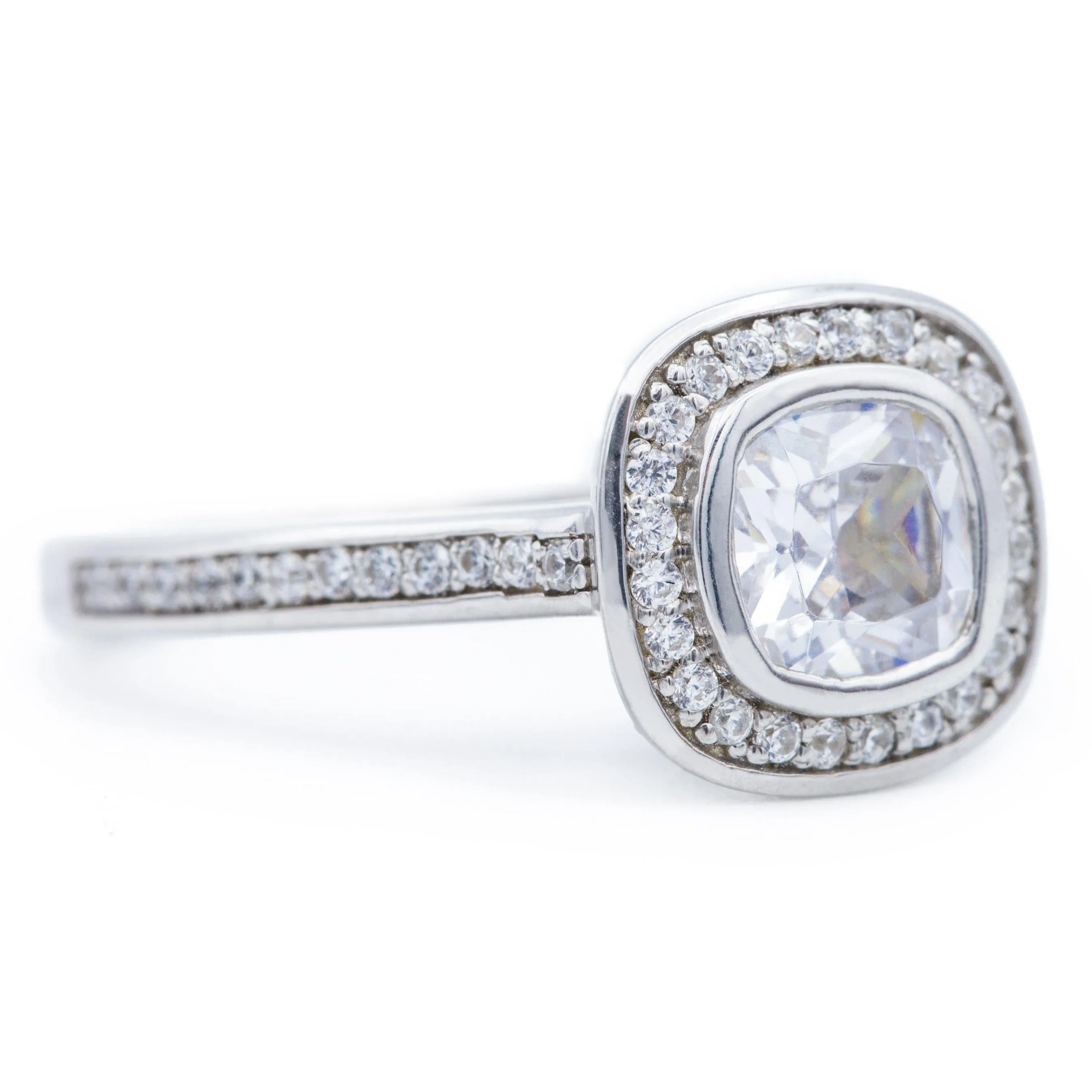 6mm Cushion Center 14K White Gold Engagement Ring And Wedding Band Set