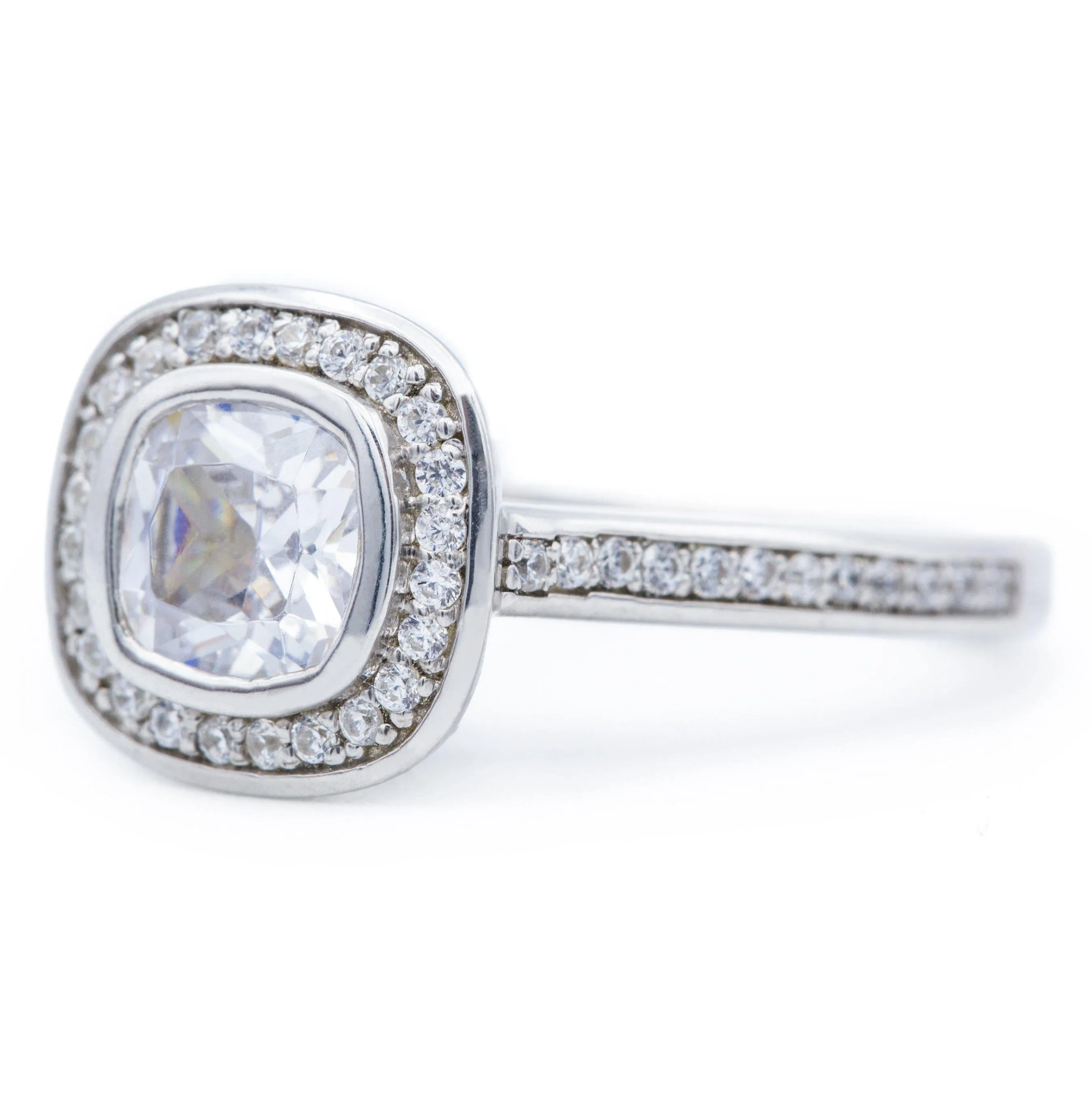 6mm Cushion Center 14K White Gold Engagement Ring And Wedding Band Set