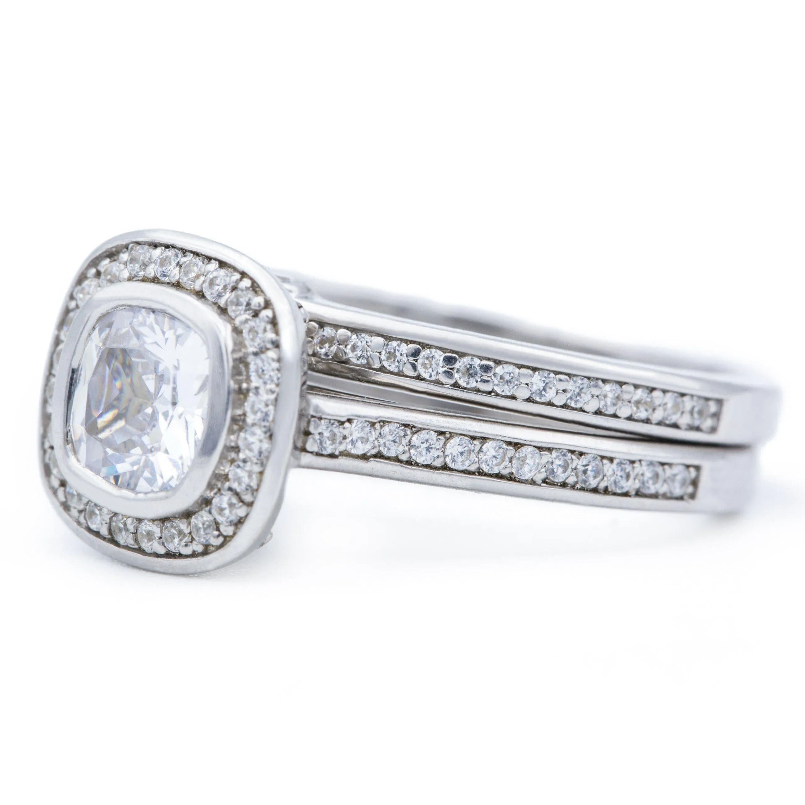 6mm Cushion Center 14K White Gold Engagement Ring And Wedding Band Set