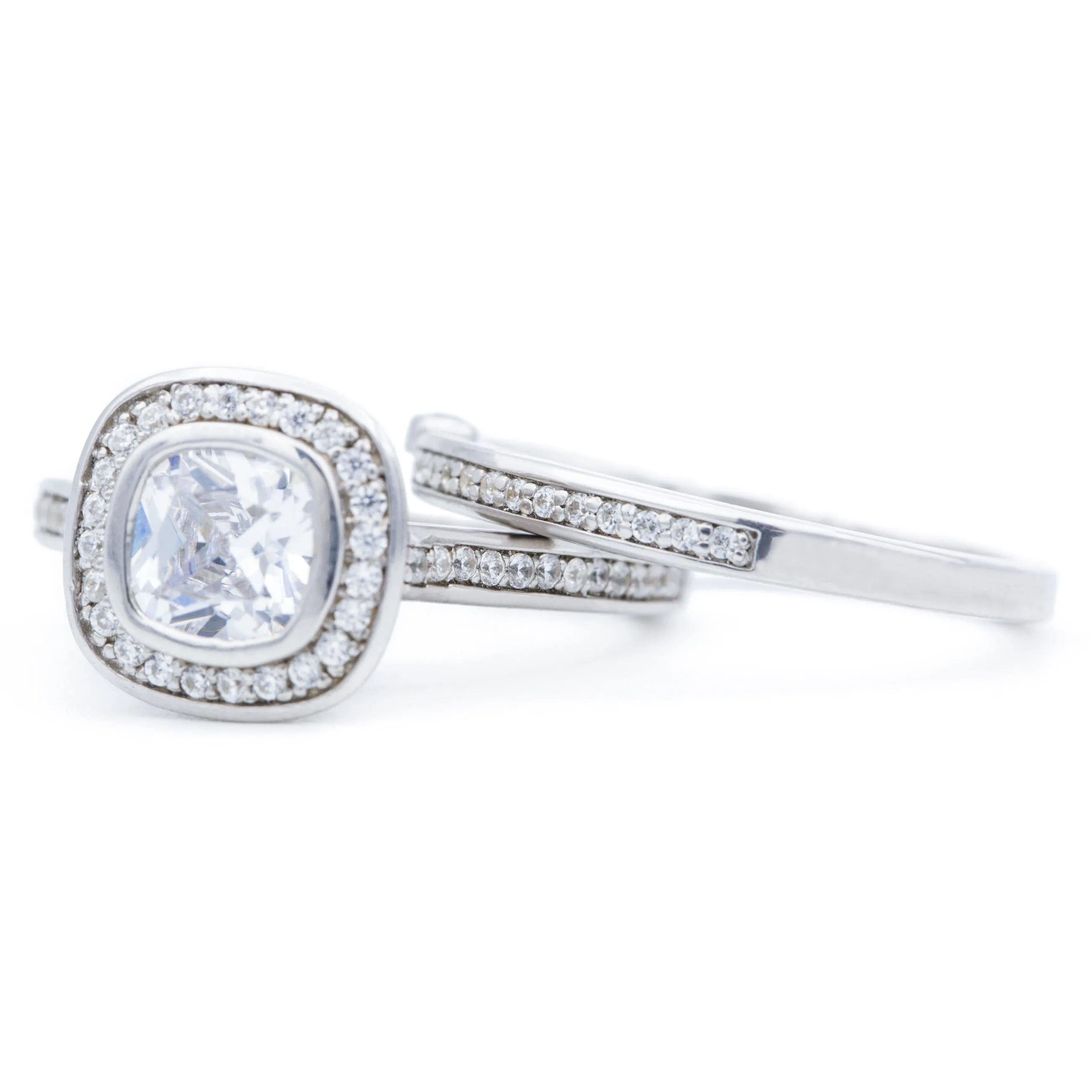 6mm Cushion Center 14K White Gold Engagement Ring And Wedding Band Set