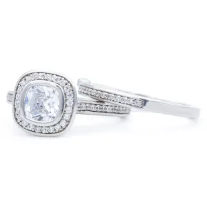 6mm Cushion Center 14K White Gold Engagement Ring And Wedding Band Set