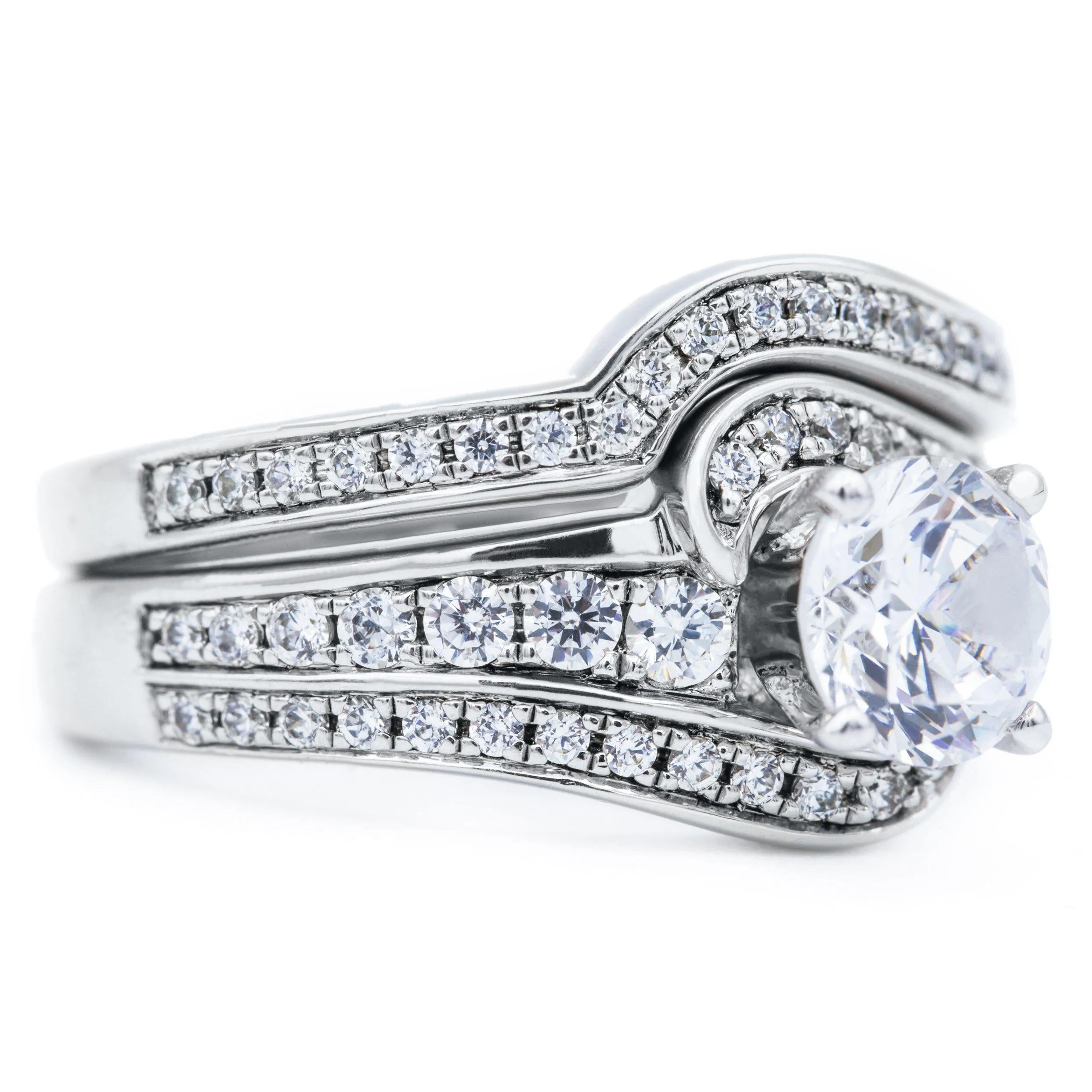 6mm Round Center 14K White Gold Bypass Engagement Ring And Wedding Contour Band Set