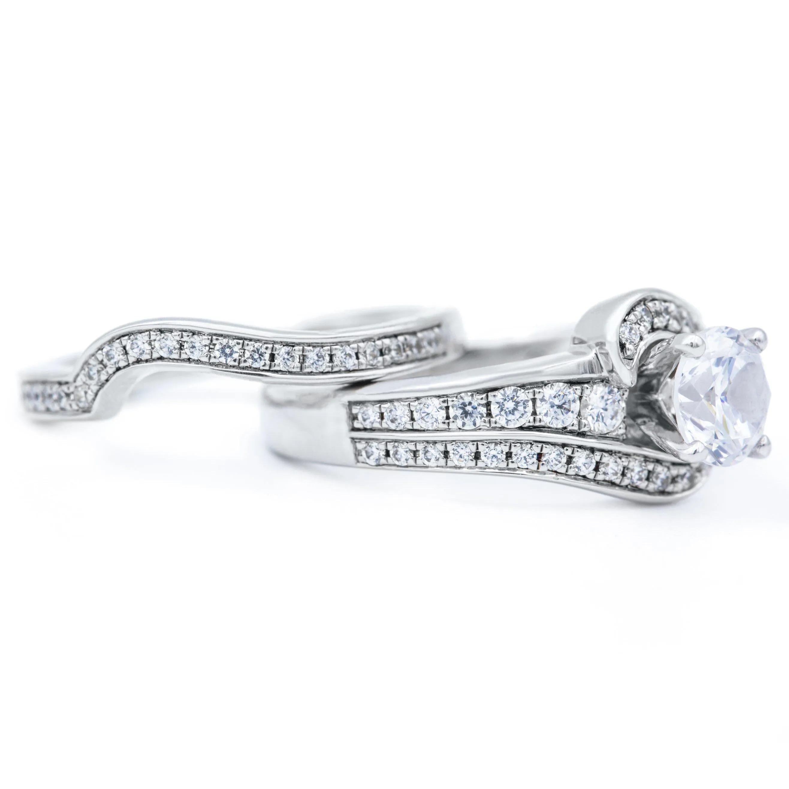 6mm Round Center 14K White Gold Bypass Engagement Ring And Wedding Contour Band Set