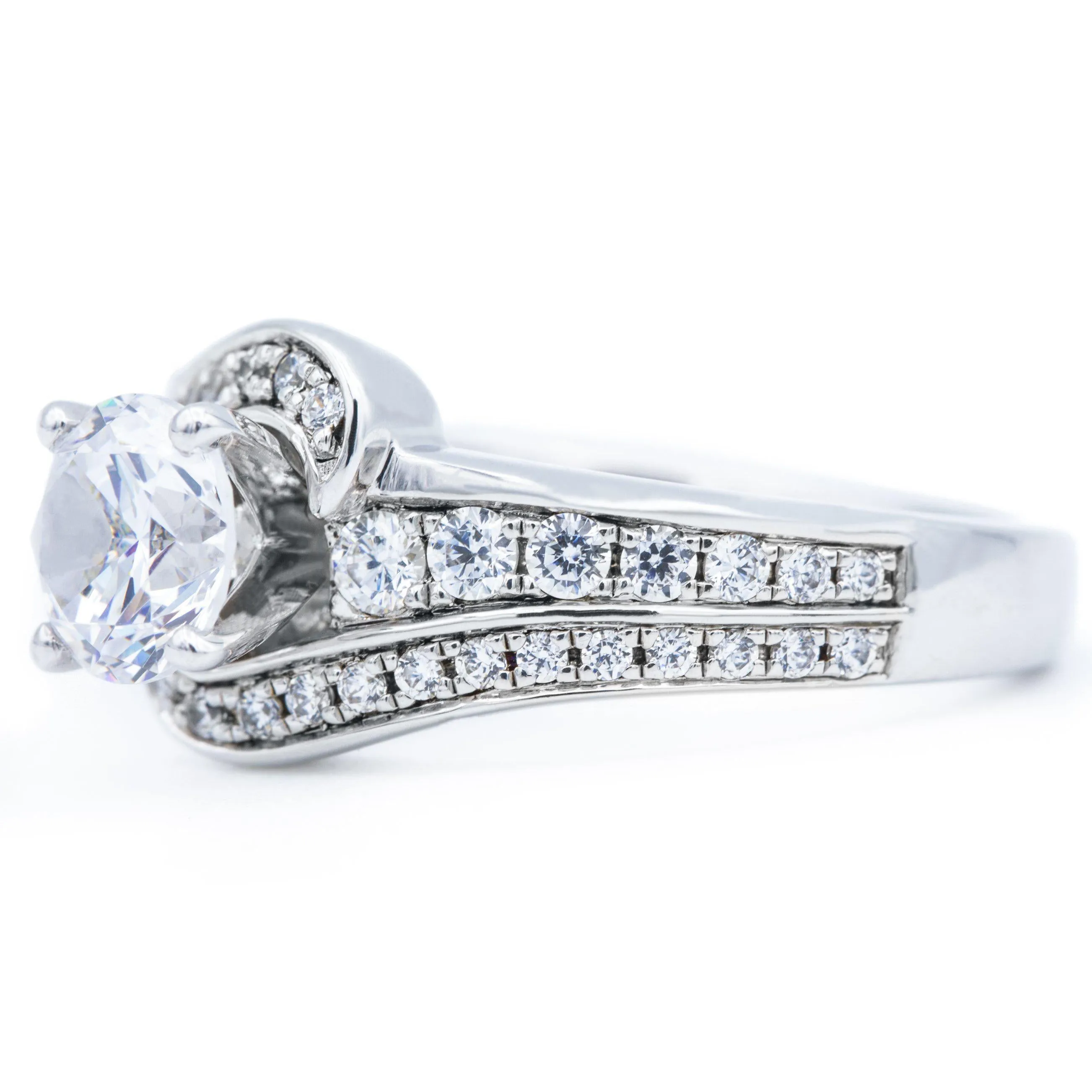 6mm Round Center 14K White Gold Bypass Engagement Ring And Wedding Contour Band Set