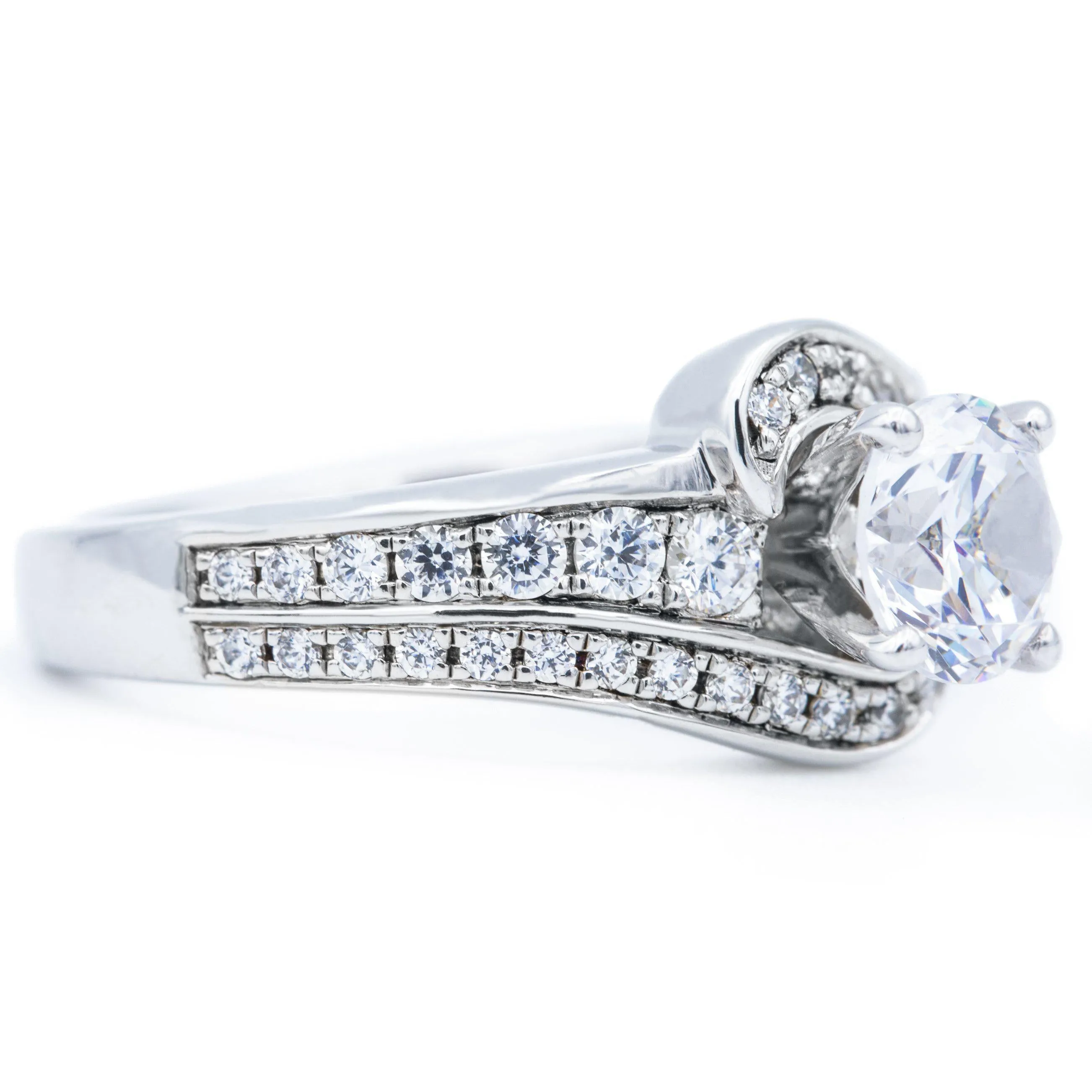 6mm Round Center 14K White Gold Bypass Engagement Ring And Wedding Contour Band Set